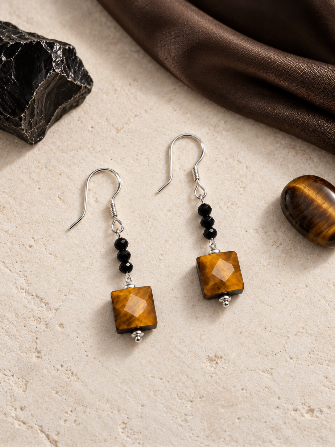 Golden Geometry Tiger’s Eye Drop Earrings