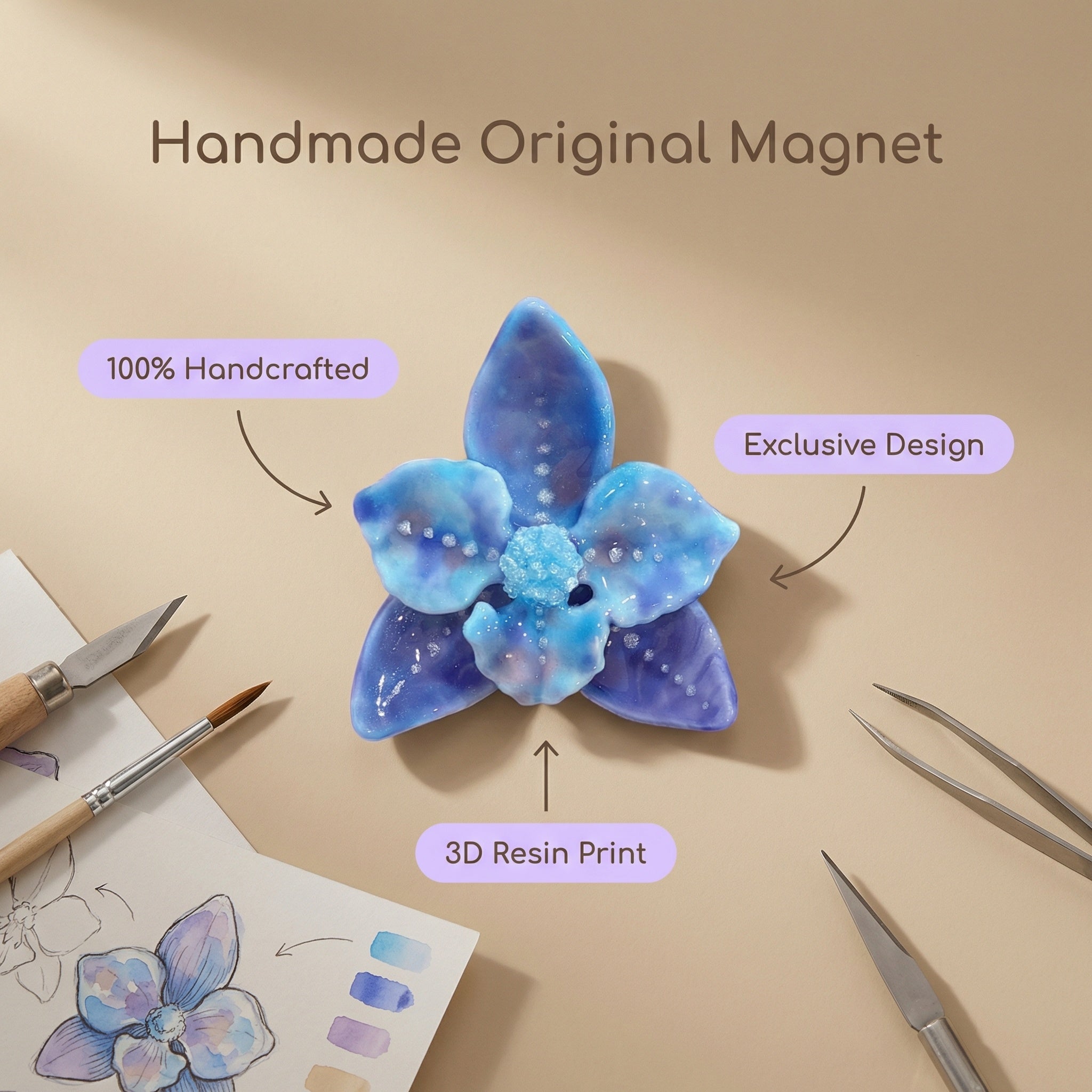 The Celestial Lapis Orchid | Hand-Glazed Botanical Magnet