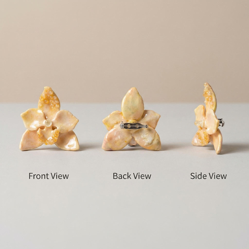 Golden Amber Orchid | Hand-Painted Artisan Resin Brooch