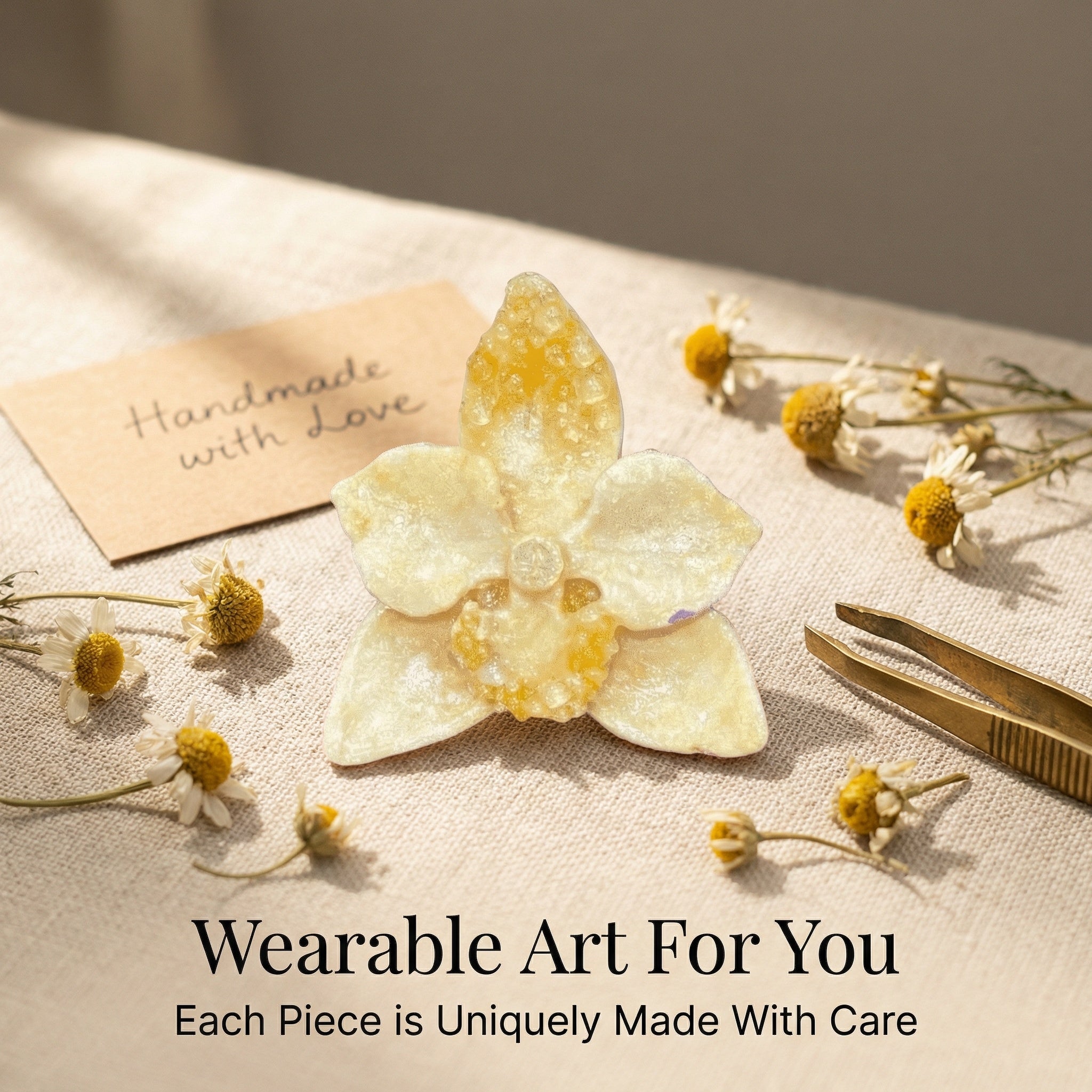 Golden Amber Orchid | Hand-Painted Artisan Resin Brooch